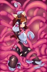 armor blue_eyes breast_grab brown_hair dusty_heartwood exposed_pussy large_breasts medic ponygirl tentacle tentacle tentacle_pit tentacle_sex torn_bodysuit torn_clothes xina