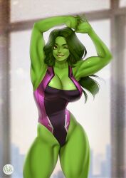 1girls big_breasts cleavage didi_esmeralda female female_only green_eyes green_hair green_skin huge_breasts hulk_(series) large_breasts leotard long_hair marvel marvel_comics muscles muscular muscular_female she-hulk smile solo stretching superheroine tagme thick_thighs thighs wink winking winking_at_viewer