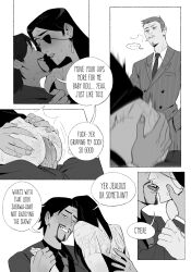 1girls 2boys anal ass ass_grab comic comic_page dialogue dress eyepatch female goromi grin kissing majima_goro male_only monochrome nishitani_homare penis praise riding ryuu_ga_gotoku sagawa_tsukasa smoking suit sweat uncensored voyeur