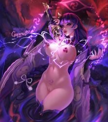 1girls big_breasts electricity genshin_impact greenu long_hair nipple_piercing nude pose pubic_tattoo pussy raiden_shogun sword sword_between_breasts wide_hips