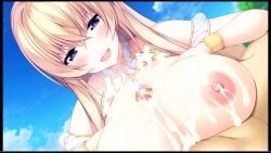 1boy 1boy1girl 1girls animated asami_asami bangs beach blonde_hair blue_eyes blue_sky breasts breasts_out censored ejaculation female game_cg japanese_text japanese_voice_acting large_breasts long_hair male male_pov mosaic_censoring mp4 nipples okayu_seira outdoors paizuri penis pov role_player:_okayu_shimai_no_nenmaku_potrait_-_gurigucha_live! sky sound straight tagme video voice_acted