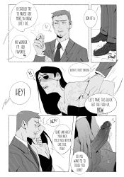 1girls 2boys comic comic_page cum dialogue dress eyepatch female goromi jealous majima_goro monochrome neck_grab nishitani_homare penis pulled_by_another ryuu_ga_gotoku sagawa_tsukasa saliva smoking suit sweat uncensored