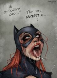 1girls 2023 after_fellatio after_oral after_sex ahegao artist_name barbara_gordon batgirl batman_(series) black_and_white blush cowl cum dc dc_comics devil_hs edit edited english_text eyes_rolling_back hanon(editor) long_hair long_red_hair mask red_hair redraw saliva saliva_drip saliva_string saliva_trail sketch superheroine text tongue tongue_out wet wet_face