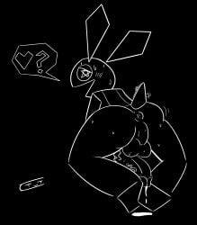 anthro anus ass backsack balls biped black_background blush blush_lines bodily_fluids eftiinsfw genital_fluids genitals heart hi_res humanoid_genitalia humanoid_penis kneeling lagomorph leaking_precum leporid looking_at_viewer looking_back male mammal motion_lines penis perineum precum question_mark rabbit raised_tail rear_view simple_background smile solo speech_bubble sweat sweatdrop tail vein veiny_penis vib-ribbon vibri white_line_art