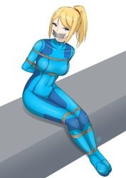 1girls bondage bound gag gagged glaring looking_at_viewer metroid samus_aran sitting tape_gag taped_mouth vakaosciosa