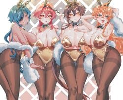 4girls armpits arms_up big_breasts big_tits black_pantyhose blush breasts bunny_ears bunny_girl bunnysuit childe_(genshin_impact) cleavage crow_3434 diluc_(genshin_impact) female female_only genderswap_(mtf) genshin_impact gold_leotard golden_leotard kaeya_(genshin_impact) leotard looking_at_viewer multiple_girls pantyhose playboy_bunny red_hair rule_63 smile tartaglia_(genshin_impact) zhongli_(genshin_impact) zhongli_jiejie