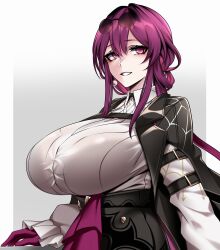 absurdres alternate_breast_size black_jacket bra bra_visible_through_clothes breasts eyewear_on_head female from_side glass glasses highres honkai:_star_rail honkai_(series) huge_breasts hz_666v jacket kafka_(honkai:_star_rail) long_jacket looking_at_viewer open_mouth purple_eyes purple_hair round_eyewear shirt simple_background smile solo underwear white_background white_shirt