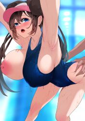 1boy 1girls 2022 alternate_breast_size alternate_version_available areolae armpits ass_grab bending_over blue_eyes blush breasts brown_hair competition_swimsuit female hips huge_breasts large_areolae light-skinned_female light_skin long_hair male naughty_face nintendo nipples one-piece_swimsuit one_breast_out pokemon pokemon_bw2 rosa_(pokemon) sexy_armpits slim_waist sumisumii swimsuit thick_thighs thighs twin_buns twintails uninverted_nipples wide_hips