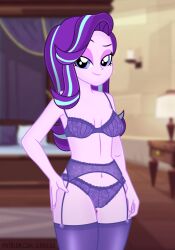 1girls accurate_art_style bedroom bedroom_eyes bra breasts cleavage equestria_girls female female_only friendship_is_magic garter_belt garter_straps hasbro human jennieoo lidded_eyes lingerie looking_at_viewer my_little_pony navel panties purple_bra purple_lingerie purple_panties solo starlight_glimmer stockings