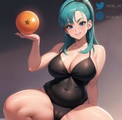 ai_generated big_breasts black_swimsuit blue_eyes blue_hair breasts bulma bulma_(dragon_ball) bulma_briefs confident dragon_ball dragon_ball_(object) female female_only looking_at_viewer smile swimsuit thick_thighs tights toei_animation twitter_logo