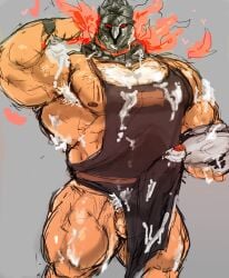 apron apron_only balls bara big_balls big_penis boner bowl chest_hair cream erection erection_under_clothes fire flexing helmet male male_only muscles muscular penis solo solo_male surtr_(tokyo_afterschool_summoners) tokyo_afterschool_summoners tora_gy