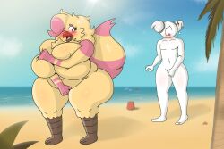 1girls anthro beach bird both_sexes_in_same_situation breasts chubby chunkiroll covered_nipples covering covering_breasts embarrassed female furry male nude