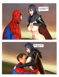 1boy 1girls 3d absurdres big_breasts blue_hair breast_sucking breasts crossover duo eastern_and_western_character female fire_emblem fire_emblem_awakening highres kissing lucina_(fire_emblem) male male/female marvel marvel_comics non-web_source spider-man spider-man_(series) straight