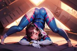 2d_(artwork) ai_generated barefoot blush bodysuit d.va face_down_ass_up hamzaaai jack-o'_pose jack-o_pose overwatch tagme