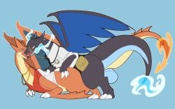 2023 2_horns 3_fingers 3_horns 3_toes all_fours ambiguous_gender ambiguous_penetration anthro bag balls big_balls biped black_body black_clothing black_scales black_shirt black_topwear blue_background blue_body blue_fire blue_scales blue_wings bottomless charizard claws clothed clothing colored_fire countershade_scales countershade_tail countershading dragon duo eyewear feet finger_claws fingers fire generation_6_pokemon genitals horn huge_balls jewelry lizard luuriolu male male/ambiguous male_(lore) mega_charizard mega_charizard_x mega_charizard_y mega_evolution membrane_(anatomy) membranous_wings messenger_bag monocle multi_horn necklace nintendo orange_body orange_scales penetration pokemon pokemon_(species) red_clothing red_shirt red_topwear reptile scales scalie sex shirt simple_background tail tan_body tan_scales toe_claws toes topwear white_clothing white_shirt white_topwear wings