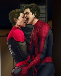 2boys actor andrew_garfield ass_grab butt_grab celebrity gay human human_only in_character licking_face light-skinned_male light_skin lordkhayarts male male_only marvel marvel_cinematic_universe men_kissing muscular muscular_male spider-man_(tom_holland) tom_holland tongue_out yaoi