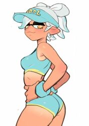 1girls ass athletic_clothing athletic_female blush blushing colo female female_only hand_on_hip inkling inkling_girl looking_at_viewer looking_back marie_(splatoon) seductive_look seductive_smile simple_background splatoon sports_bra squid_sisters tagme visor_cap white_background wristband