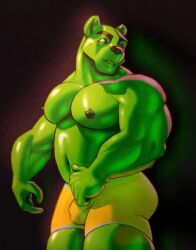 anthro bear bear_ears black_background chubby chubby_male erection erection_under_clothes green_body grossy_v male_only muscular muscular_male nipples solo thick_thighs underwear