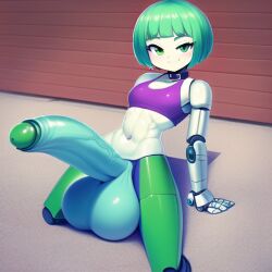 1futa abs ai_generated balls blue_penis collar futa_only futanari green_eyes green_hair gynomorph hyper_balls hyper_penis novelai penis robot robot_girl robot_humanoid robotic_arms robotic_legs sports_bra