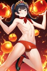 1boy ai_generated ankle_boots ashley_(warioware) belly_button black_hair bulge bulge_through_clothing femboy fireball genderswap_(ftm) male male_only nipples novelai red_eyes rule_63 shirtless solo topless twintails underwear unknown_artist warioware witch young