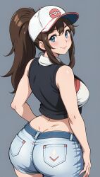 ai_generated arms_at_sides baseball_cap big_ass blue_eyes blush brown_hair busty clothed crop_top curvy denim_shorts female female_only from_behind hi_res highres hilda_(pokemon) looking_at_viewer looking_back pokeball_print pokemon pokemon_bw ponytail round_ass seraphim_ai shirt simple_background sleeveless_shirt smile solo stable_diffusion standing