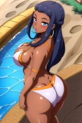 1girls ai_generated arms_at_sides big_ass big_breasts bikini blue_eyes blue_hair blush busty cleavage curvy dark_skin female female_only from_above hi_res highres hoop_earrings human nessa_(pokemon) outdoors panties pokemon seraphim_ai shiny_skin side_view solo stable_diffusion standing white_bikini white_bra white_panties