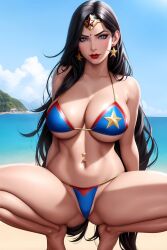 1girls ai_generated aiartshines amazon background beach big_breasts bikini bikini_bottom bikini_top black_hair blue_bikini blue_eyes cleavage cloud clouds curvaceous curvy curvy_body curvy_female curvy_figure dc dc_comics diana_prince earrings female female_only hourglass_figure kneeling legs_spread light-skinned_female light_skin long_hair looking_at_viewer sand seductive sky solo solo_female superheroine tiara vambraces voluptuous voluptuous_female water wonder_woman wonder_woman_(series)