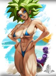 1boy 1girls abs alien beach biceps bikini blue_eyes breasts dragon_ball dragon_ball_super ear_piercing earrings elitenappa female female_focus female_saiyan fusion green_hair hands_on_hips hit_(dragon_ball) kefla legendary_super_saiyan looking_at_viewer looking_back male muscular muscular_female piercing potara_earrings smile super_saiyan super_saiyan_2 thick_thighs thunder_thighs wide_hips