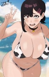 1girls armpits big_breasts bikini black_hair chainsaw_man cow_bikini cow_print cow_print_bikini female female_focus female_only higashiyama_kobeni huge_breasts light-skinned_female light_skin voluptuous voluptuous_female za_barro