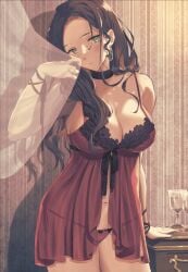 1girls babydoll breasts brown_hair choker cleavage collarbone cowboy_shot dorothea_arnault earrings female female_only fire_emblem fire_emblem:_three_houses green_eyes highres jewelry kh_(tanakananataka) large_breasts lingerie long_hair looking_at_viewer midriff navel nintendo panties post-timeskip red_babydoll red_panties see-through side-tie_panties smile solo string_panties underwear