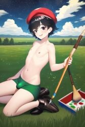 1boy adeleine ai_generated belly_button beret black_hair briefs bulge bulge_through_clothing femboy genderswap_(ftm) kirby_(series) males_only nipples novelai paintbrush penis_under_clothes rule_63 smile topless underwear