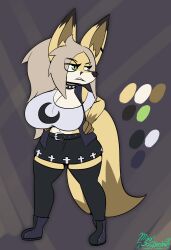 1girls 2023 absolute_territory absurd_res anthro blonde_hair breasts canine cleavage clothing fay_(fennythefox) female female_focus female_only fennec fox furry green_eyes hi_res huge_breasts midriff miso_souperstar model_sheet original solo thick_thighs thighs yellow_fur