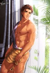 1boy abs ass bare_thighs brown_hair claude_von_riegan esther-shen fire_emblem fire_emblem:_three_houses green_eyes indoors looking_at_viewer male male_only muscular muscular_male nintendo nude nude_male short_hair smile solo thighs