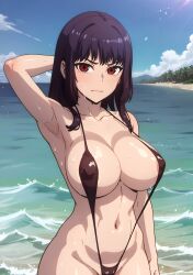 1girls ai_generated arm_behind_head armpits beach big_breasts busty cleavage female female_only hi_res large_breasts legs long_hair looking_at_viewer navel ocean please_don't_bully_me,_nagatoro pose posing president_(nagatoro) purple_hair red_eyes sana_sunomiya sensual sling_bikini slingshot_swimsuit solo stable_diffusion subaruarm thighs voluptuous water