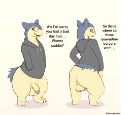 anthro ass backsack balls big_butt bottomless clothed clothing dabelette dialogue eyewear foreskin generation_2_pokemon genitals glasses hoodie hoodie_only humanoid_genitalia humanoid_penis male nintendo penis pokemon pokemon_(species) round_glasses short_legs smile solo thick_thighs topwear topwear_only typhlosion