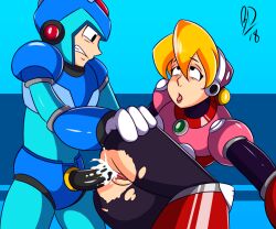 2018 ahegao alia artist_signature blonde_hair blue_eyes capcom commission commissioner_upload hand_on_ass mega_man mega_man_x ripped_pants x_(mega_man) xesligona45