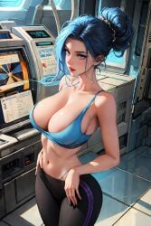 1girls 2023 ai_generated big_breasts blue_eyes blue_hair blue_tank_top busty cleavage clothed_female curvaceous curvy_body curvy_female female_focus gym gym_leader huge_breasts solo_female stable_diffusion tank_top thong thong_straps voluptuous voluptuous_female yoga_pants