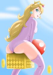 1girls ass female female_only huge_ass leotard long_hair looking_at_viewer looking_back mario_(series) microsd_(artist) mushroom nintendo outdoors pink_leotard princess_peach sitting solo solo_female super_mario_bros. thighhighs zettai_ryouiki