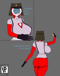 1girls ass big_breasts countryhumans countryhumans_girl countryhumans_oc english_text female female_only gray_background raceyi_(artist) rennen_yi_(character) simple_background text