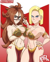 2girls android_18 android_21 ass bikini breasts dragon_ball dragon_ball_fighterz dragon_ball_z earrings female female_only glasses jewelry multiple_girls nsfani slave_bikini slave_leia_(cosplay) star_wars tattoo