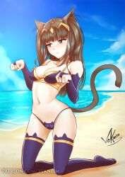 1girls beach bikini black_bikini black_eyes black_hair black_swimsuit breasts bridal_gauntlets cat_ears cat_tail catgirl circlet clouds fire_emblem fire_emblem_awakening kneeling midriff navel nintendo ocean outside sand sky small_breasts swimsuit tharja_(fire_emblem) thighhighs twintails vekneim water