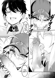 1boy 1girls anime_style black_and_white blonde_hair blowjob blue_eyes blush cap comic comic_page cum_announcement cum_face deep_blowjob deepthroat dialogue doujinshi eye_contact fate_(series) fellatio female hat hearts kazukoto licking_penis mysterious_heroine_xx_(foreigner) oral pale-skinned_female pov