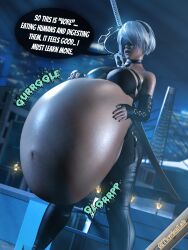 1girls 3d belly big_belly big_breasts blindfold bloated_belly breasts clothing english_text female female_only female_pred hairband huge_belly hyper_belly light-skinned_female light_skin nier nier:_automata short_hair solo standing text thyrianlab vore white_hair yorha_2b