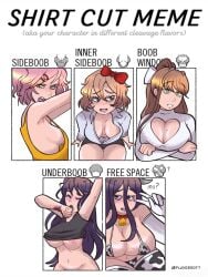 4girls big_breasts blue_eyes blush boob_window breasts cleavage cleavage_cutout cow_print doki_doki_literature_club english_text female female_only green_eyes inner_sideboob long_hair meme monika_(doki_doki_literature_club) moo_yuri multiple_girls natsuki_(doki_doki_literature_club) nipples pink_eyes pink_hair playerrott purple_eyes purple_hair sayori_(doki_doki_literature_club) self_harm_scars shirt_cut_meme sideboob text twitter_username underboob white_background yuri_(doki_doki_literature_club)