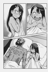 1boy 1girls after_sex bald beard bed_sheet blush breasts comic constricted_pupils dark-skinned_male dark_skin death_grips eastern_and_western_character full-body_tattoo greyscale hair_ornament hairclip hayase_nagatoro hi_res interracial long_hair mc_ride monochrome naked_sheet oerba_yun_fang please_don't_bully_me,_nagatoro questionable_consent real_person sheet_grab silent_comic small_breasts tattoo tyronestash waking_up