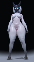 absurd_res anthro bottom_heavy breasts calves digital_media_(artwork) female genitals hi_res kindred lamb_(league_of_legends) league_of_legends mammal mask nipples popogori pussy riot_games shiny_skin slightly_chubby solo stomach thick_thighs thighs thighs_together