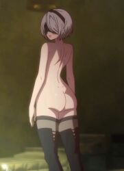 1girls ass blindfold dat_ass large_ass looking_back maplestar medium_hair nier nier:_automata nier_(series) nude screencap thick_thighs thighs white_hair yorha_2b