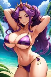 ai_generated arms_up bikini breasts cleavage crown earrings female_only huge_breasts long_hair milf mirelia_q_melromarc navel ocean purple_eyes purple_hair seductive_smile smile solo tate_no_yuusha_no_nariagari