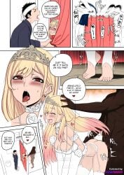 1girls 2boys ahe_gao bent_over blonde_hair bottomless breasts cheating comic cuckold dark-skinned_male dark_skin english_text feet fringe from_behind gojou_wakana interracial kitagawa_marin netorare ntr petite pink_eyes red_hair rezodwel sex socks sono_bisque_doll_wa_koi_wo_suru standing_sex thigh_socks thighhighs tiptoes two_tone_hair vaginal_penetration wedding_dress white_socks