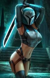 athletic_female big_breasts bikini_armor bo-katan_kryze cave darksaber helmet in_water lightsaber mandalore mandalorian seord skimpy_armor star_wars sun_khamunaki tagme the_mandalorian unconvincing_armor water weapon